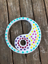 Load image into Gallery viewer, Hand painted Yin yang suncatcher. Made from plywood, decorated with acrylic paint with crystal on faux suede cord.