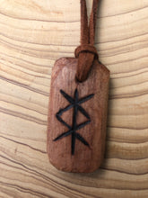 Load image into Gallery viewer, Protection Bind Rune hand carved amulet pendant necklace. Handmade from hardwood with detail added using pyrography.