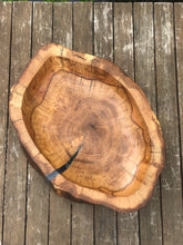 Load image into Gallery viewer, Large Fruit Bowl Oak and resin, extra large table centrepiece, modern food safe bowl ideal for fruit. Hardwood and blue epoxy resin bowl.