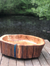 Load image into Gallery viewer, Large Fruit Bowl Oak and resin, extra large table centrepiece, modern food safe bowl ideal for fruit. Hardwood and blue epoxy resin bowl.