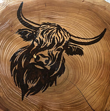 Load image into Gallery viewer, Highland cow wall art. Handmade pyrography on live edge willow wood slice.