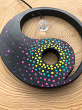 Load image into Gallery viewer, Hand painted Yin yang suncatcher. Made from plywood, decorated with acrylic paint with crystal on faux suede cord.