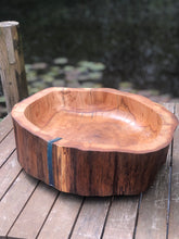 Load image into Gallery viewer, Large Fruit Bowl Oak and resin, extra large table centrepiece, modern food safe bowl ideal for fruit. Hardwood and blue epoxy resin bowl.