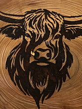 Load image into Gallery viewer, Highland cow wall art. Handmade pyrography on live edge willow wood slice.