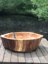 Load image into Gallery viewer, Large Fruit Bowl Oak and resin, extra large table centrepiece, modern food safe bowl ideal for fruit. Hardwood and blue epoxy resin bowl.