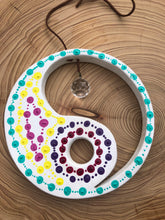 Load image into Gallery viewer, Hand painted Yin yang suncatcher. Made from plywood, decorated with acrylic paint with crystal on faux suede cord.
