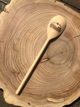 Load image into Gallery viewer, Decorative beech wooden spoon with pyrography detail of a stack of pancakes