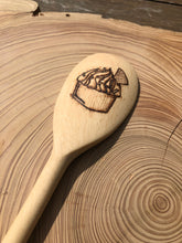 Load image into Gallery viewer, Decorative beech wooden spoon with pyrography detail of a yummy iced cupcake with wafer.