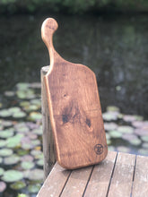 Load image into Gallery viewer, Medium sized Oak cutting board with handle. Hardwood handled serving board, perfect for cheese or bread