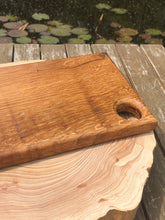 Load image into Gallery viewer, Solid oak hardwood chopping board with thumb hole as handle | food prep cutting board bbq serving platter or cheese board