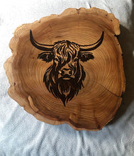 Load image into Gallery viewer, Highland cow wall art. Handmade pyrography on live edge willow wood slice.