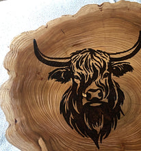 Load image into Gallery viewer, Highland cow wall art. Handmade pyrography on live edge willow wood slice.