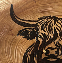 Load image into Gallery viewer, Highland cow wall art. Handmade pyrography on live edge willow wood slice.