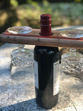 Load image into Gallery viewer, Bottle caddy, hardwood bottle holder for wine bottle and 2 glasses garden caddy.