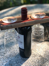 Load image into Gallery viewer, Bottle caddy, hardwood bottle holder for wine bottle and 2 glasses garden caddy.