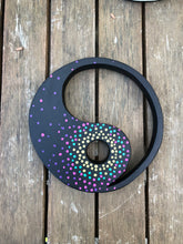 Load image into Gallery viewer, Hand painted Yin yang suncatcher. Made from plywood, decorated with acrylic paint with crystal on faux suede cord.