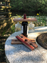 Load image into Gallery viewer, Bottle caddy, hardwood bottle holder for wine bottle and 2 glasses garden caddy.