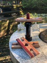 Load image into Gallery viewer, Bottle caddy, hardwood bottle holder for wine bottle and 2 glasses garden caddy.