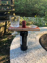 Load image into Gallery viewer, Bottle caddy, hardwood bottle holder for wine bottle and 2 glasses garden caddy.