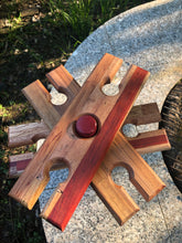 Load image into Gallery viewer, Bottle caddy, hardwood bottle holder for wine bottle and 2 glasses garden caddy.