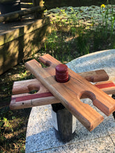 Load image into Gallery viewer, Bottle caddy, hardwood bottle holder for wine bottle and 2 glasses garden caddy.
