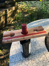 Load image into Gallery viewer, Bottle caddy, hardwood bottle holder for wine bottle and 2 glasses garden caddy.