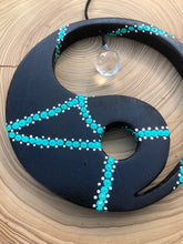 Load image into Gallery viewer, Hand painted Yin yang suncatcher. Made from plywood, decorated with black, turquoise and white acrylic paint with crystal on faux suede cord.