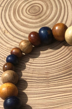 Load image into Gallery viewer, handmade beaded bracelet on elastic. Made out blue, brown and beige recycled beads.