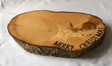 Load image into Gallery viewer, Christmas cake stand solid Ash, with Merry Christmas pyrographed detail.