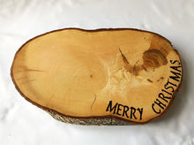 Load image into Gallery viewer, Christmas cake stand solid Ash, with Merry Christmas pyrographed detail.