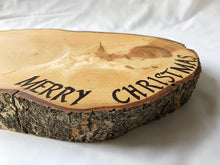 Load image into Gallery viewer, Christmas cake stand solid Ash, with Merry Christmas pyrographed detail.