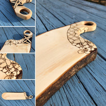 Load image into Gallery viewer, Handmade Maple serving platter with pyrography detail.