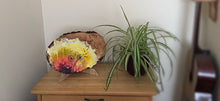 Load image into Gallery viewer, Original Dandelion acrylic painting on live edge ash wood slice with stand.