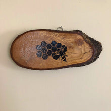 Load image into Gallery viewer, Bee and honey comb pyrography wood slice. Wood burning art on live edge ideal gift for nature lovers.