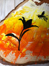 Load image into Gallery viewer, Painted wood slice with Bee and lilly detail
