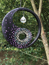 Load image into Gallery viewer, Hand painted Yin yang suncatcher. Made from plywood, decorated with acrylic paint with crystal on faux suede cord.

