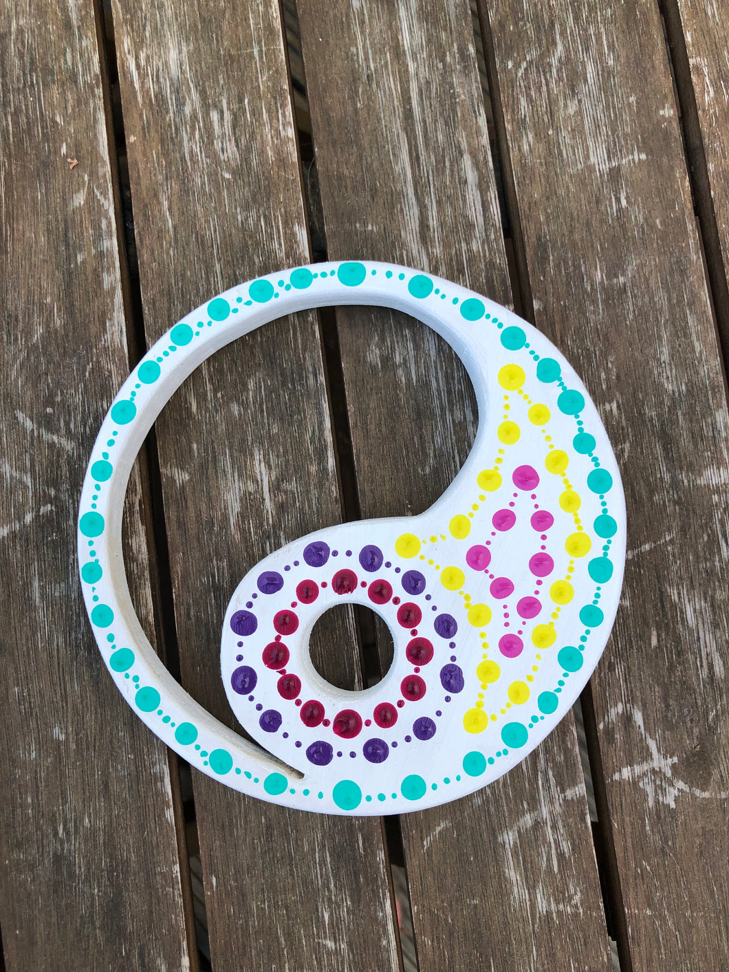 Hand painted Yin yang suncatcher. Made from plywood, decorated with acrylic paint with crystal on faux suede cord.