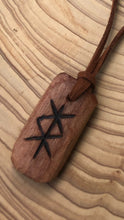 Load image into Gallery viewer, Protection Bind Rune hand carved amulet pendant necklace. Handmade from hardwood with detail added using pyrography.
