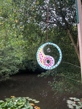 Load image into Gallery viewer, Hand painted Yin yang suncatcher. Made from plywood, decorated with acrylic paint with crystal on faux suede cord.
