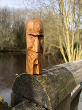Load image into Gallery viewer, Hand carved Oak wizard ornament, wood spirit face
