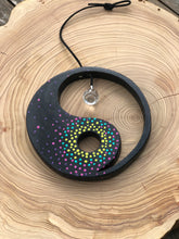 Load image into Gallery viewer, Hand painted Yin yang suncatcher. Made from plywood, decorated with acrylic paint with crystal on faux suede cord.
