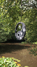 Load image into Gallery viewer, Hand painted Yin yang suncatcher. Made from plywood, decorated with black and white acrylic paint with crystal on faux suede cord.
