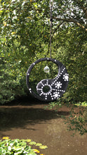 Load image into Gallery viewer, Hand painted Yin yang suncatcher. Made from plywood, decorated with black and white acrylic paint with crystal on faux suede cord.
