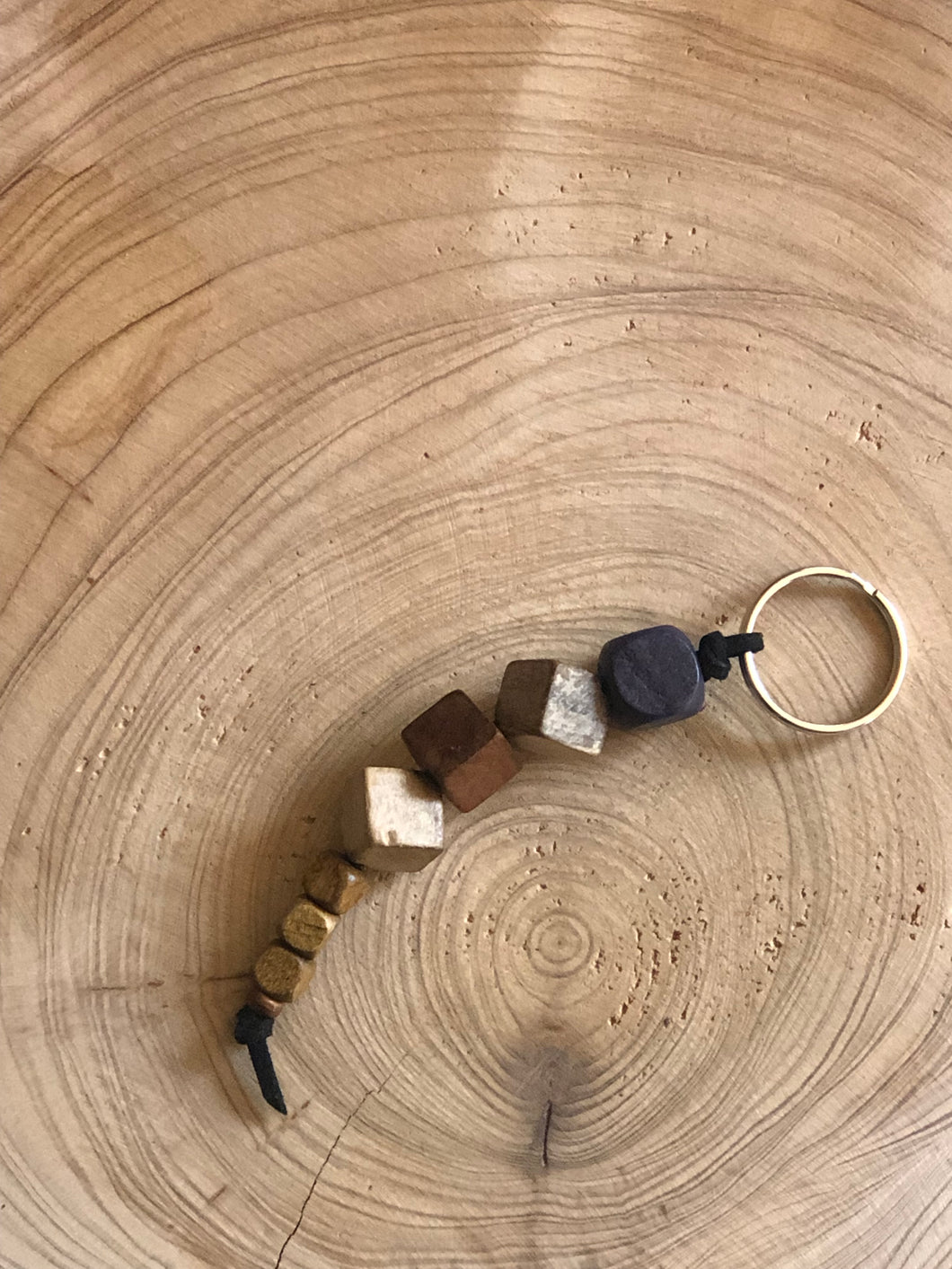 Keyring with square Wooden Beads and Faux Suede Cord - Chic Split Ring Accessory, Perfect Gift