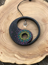 Load image into Gallery viewer, Hand painted Yin yang suncatcher. Made from plywood, decorated with acrylic paint with crystal on faux suede cord.
