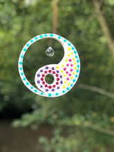 Load image into Gallery viewer, Hand painted Yin yang suncatcher. Made from plywood, decorated with acrylic paint with crystal on faux suede cord.
