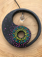 Load image into Gallery viewer, Hand painted Yin yang suncatcher. Made from plywood, decorated with acrylic paint with crystal on faux suede cord.
