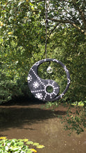 Load image into Gallery viewer, Hand painted Yin yang suncatcher. Made from plywood, decorated with black and white acrylic paint with crystal on faux suede cord.
