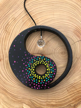 Load image into Gallery viewer, Hand painted Yin yang suncatcher. Made from plywood, decorated with acrylic paint with crystal on faux suede cord.
