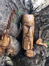 Load image into Gallery viewer, Hand carved Oak wizard ornament, wood spirit face
